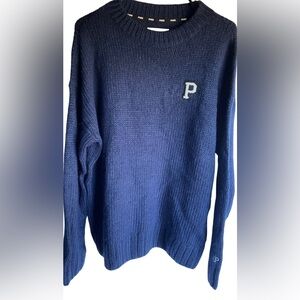 PINK BY VS BLUE SWEATER WITH P LETTERMAN SWEATER SZ OVERSIZED MEDIUM